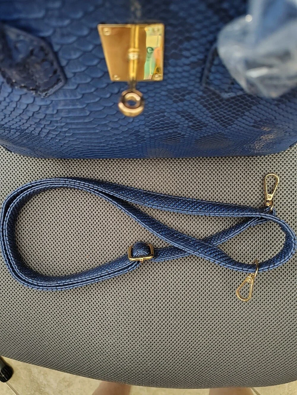Brand New Fashion Bag Blue Faux Snake-Embossed Satchel with Gold Hardware
